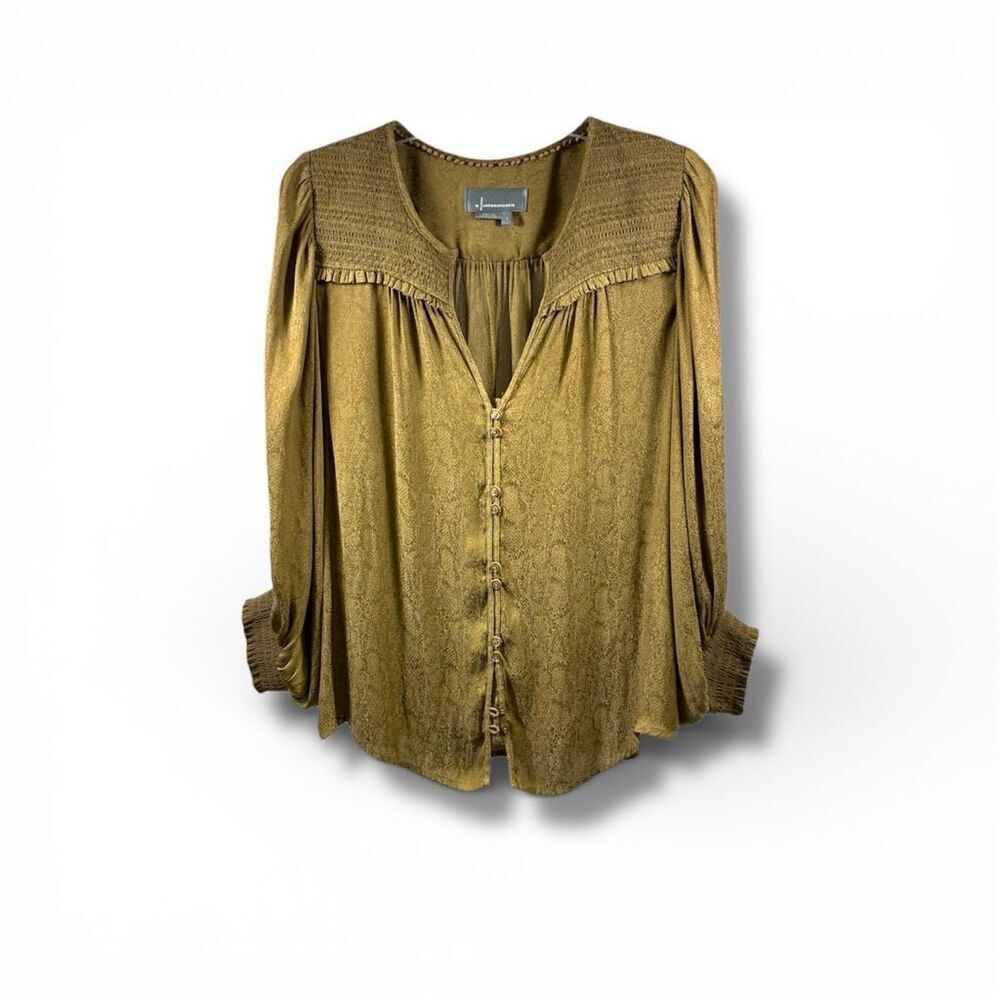 Anthropologie Cacee Jacquard Puff Sleeve Button Down Smocked in Brown Greenish S